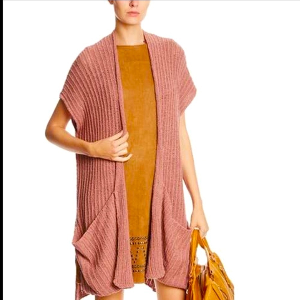 FREE PEOPLE Short Sleeve Sweater Long Open Cardigan Oversized Pockets Mauve Rose